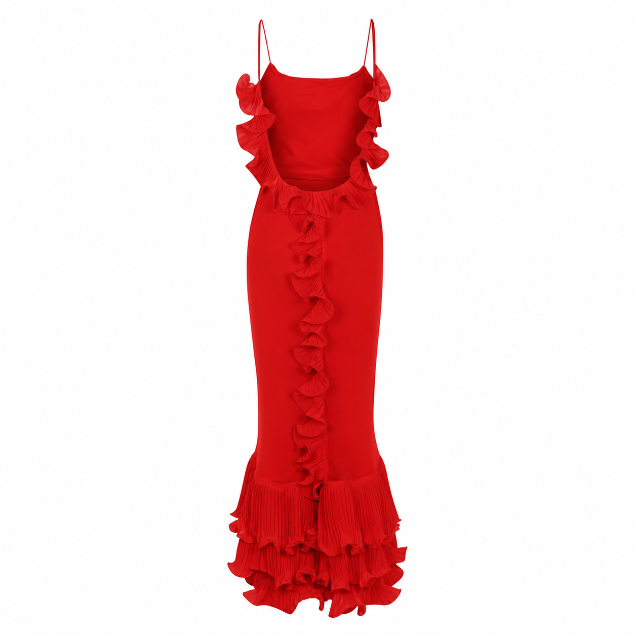 Red bodycon dress with spaghetti straps and cascading ruffles at hem