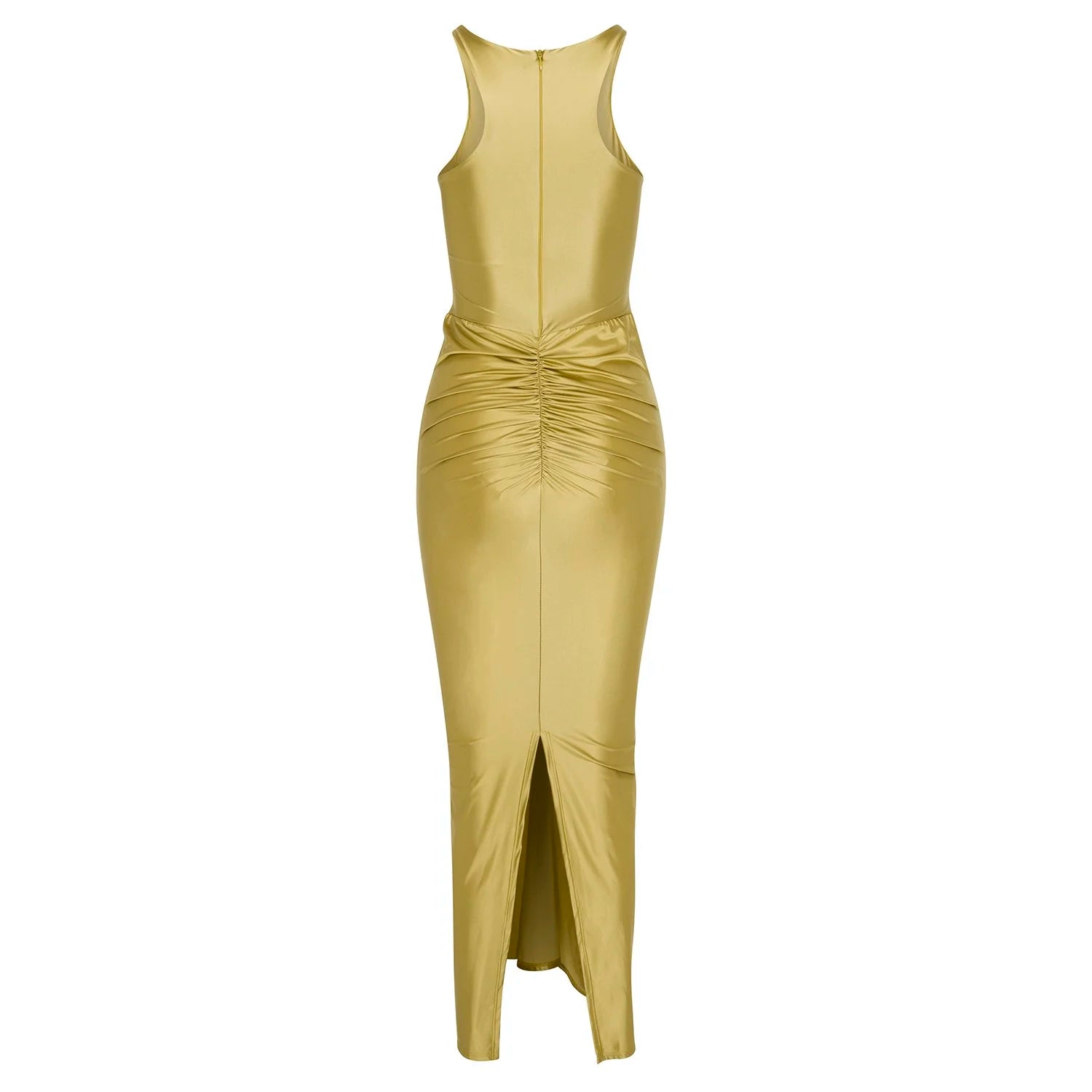 A sleeveless, floor-length metallic gold dress with a ruched waist and front slit, shown from the back on a plain white background.