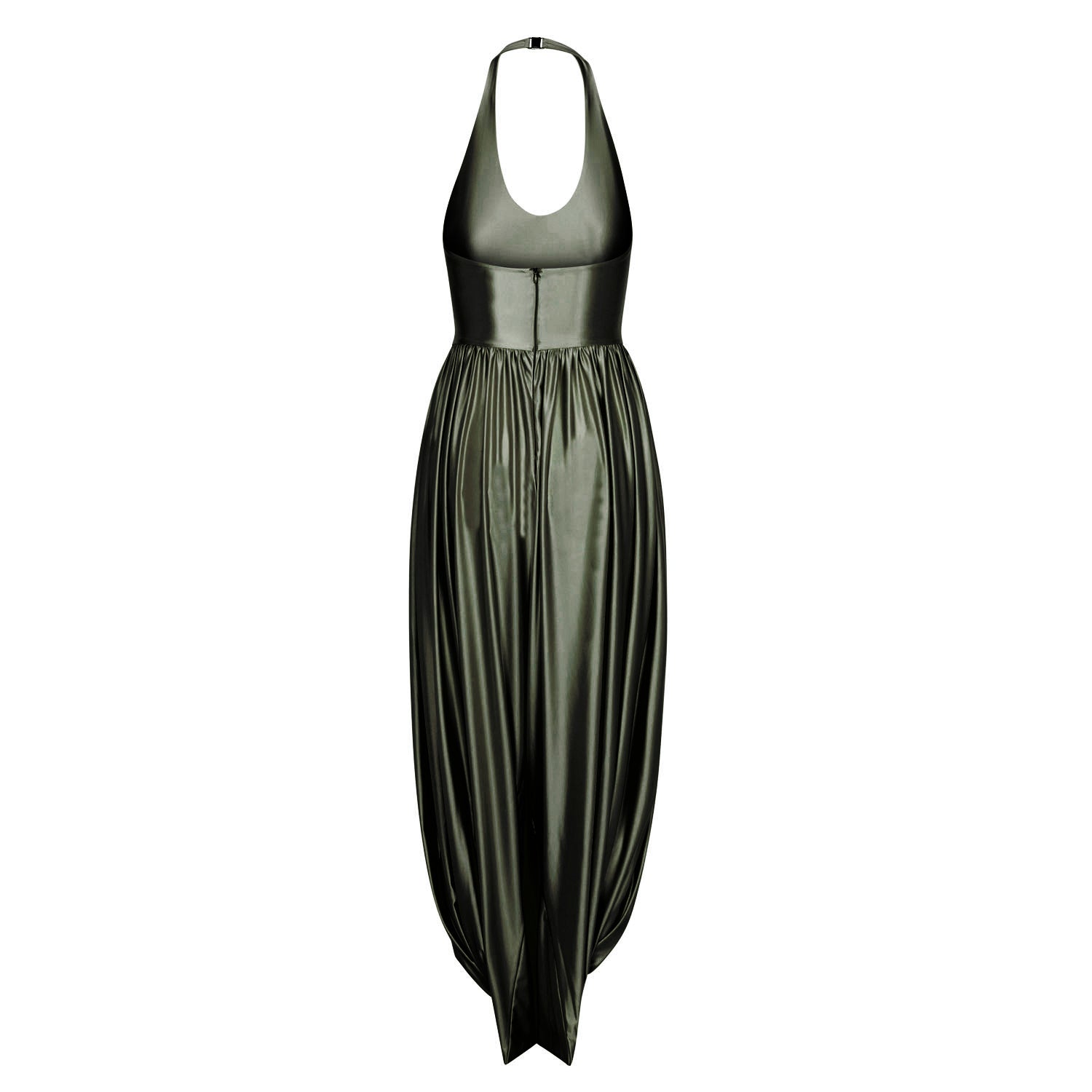 Olive green sleeveless jumpsuit with elastic waist and draped harem pants
