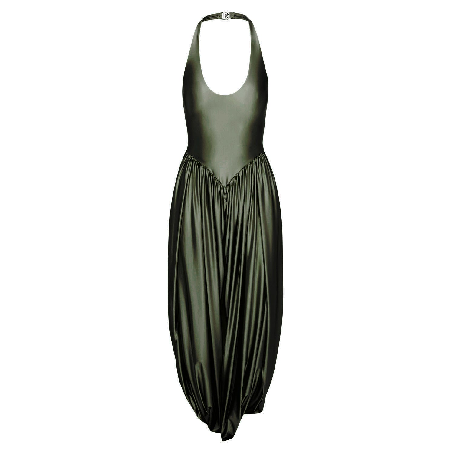 Olive green sleeveless jumpsuit with gathered elastic waistband and wide harem legs