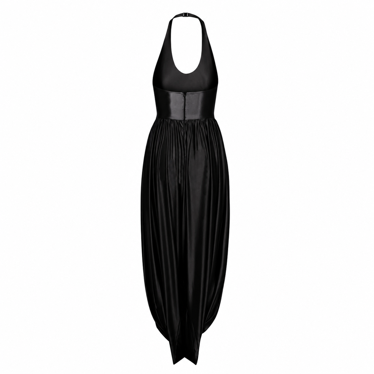 Black sleeveless jumpsuit with elastic waist and pleated, draped wide-leg pants