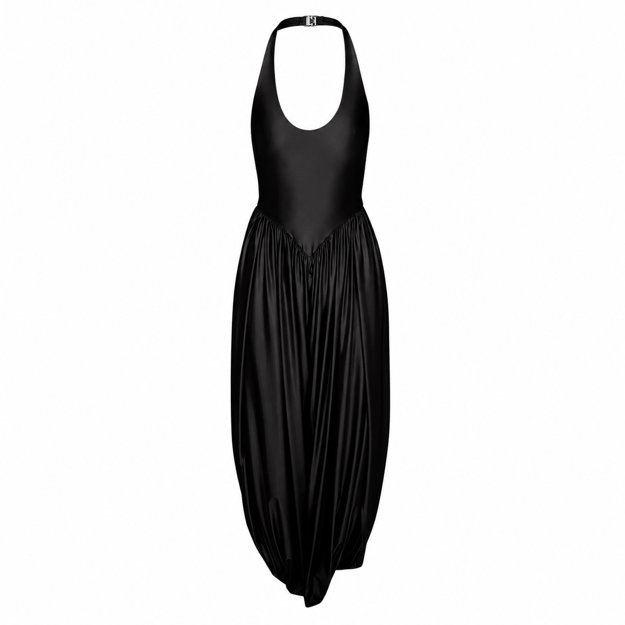 Black sleeveless jumpsuit with gathered elastic waist and flowing wide-leg harem pants