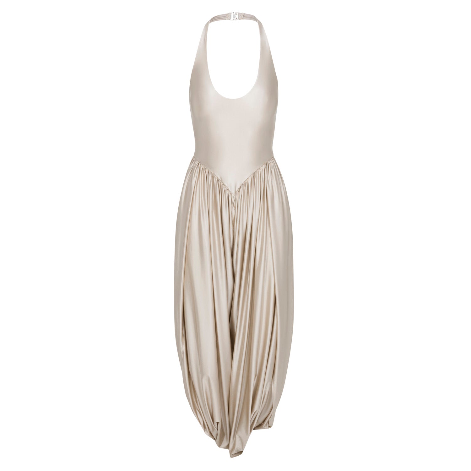 Cream sleeveless jumpsuit with gathered elastic waist and flowing wide-leg pants