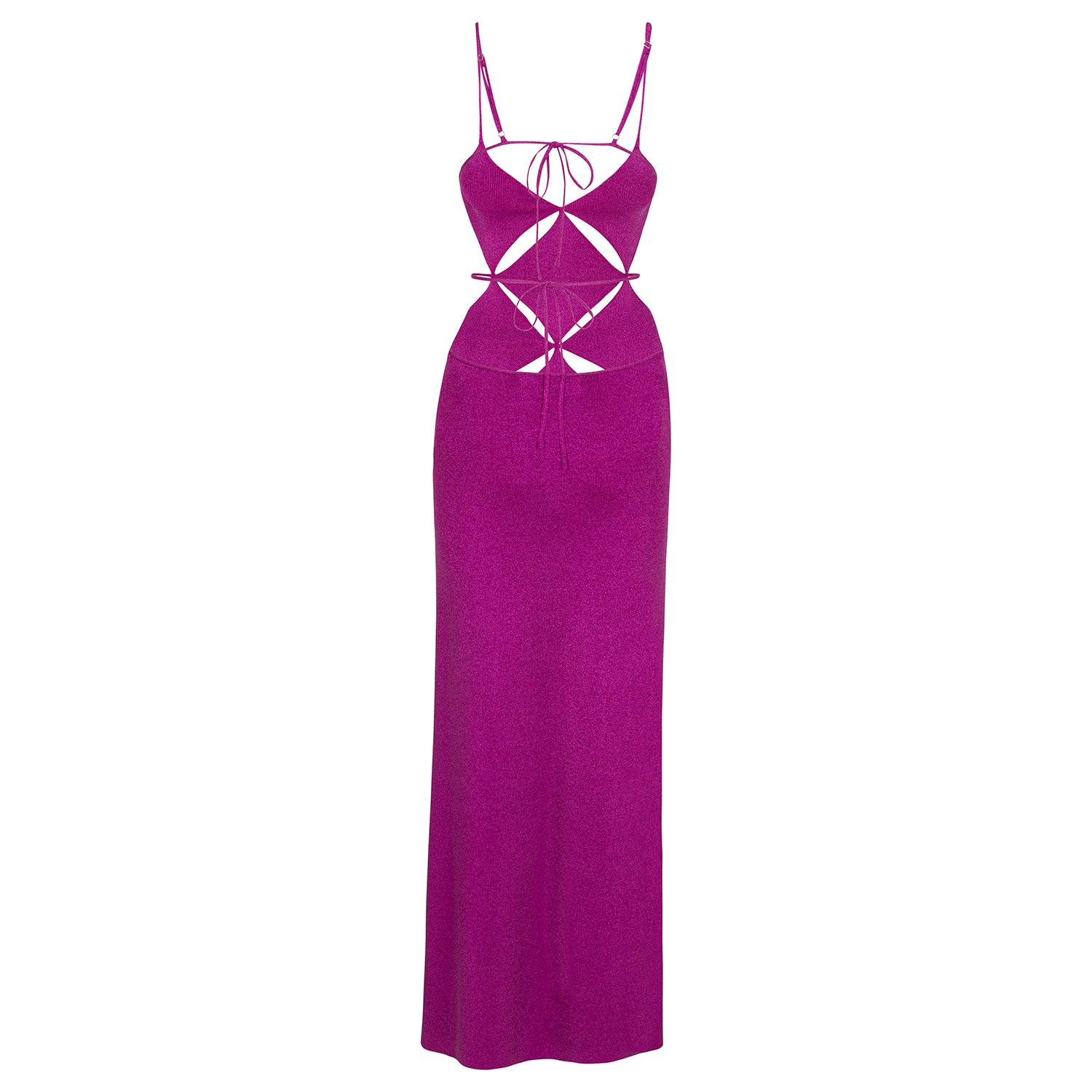 Magenta maxi dress with thin straps and crisscross cutout bodice