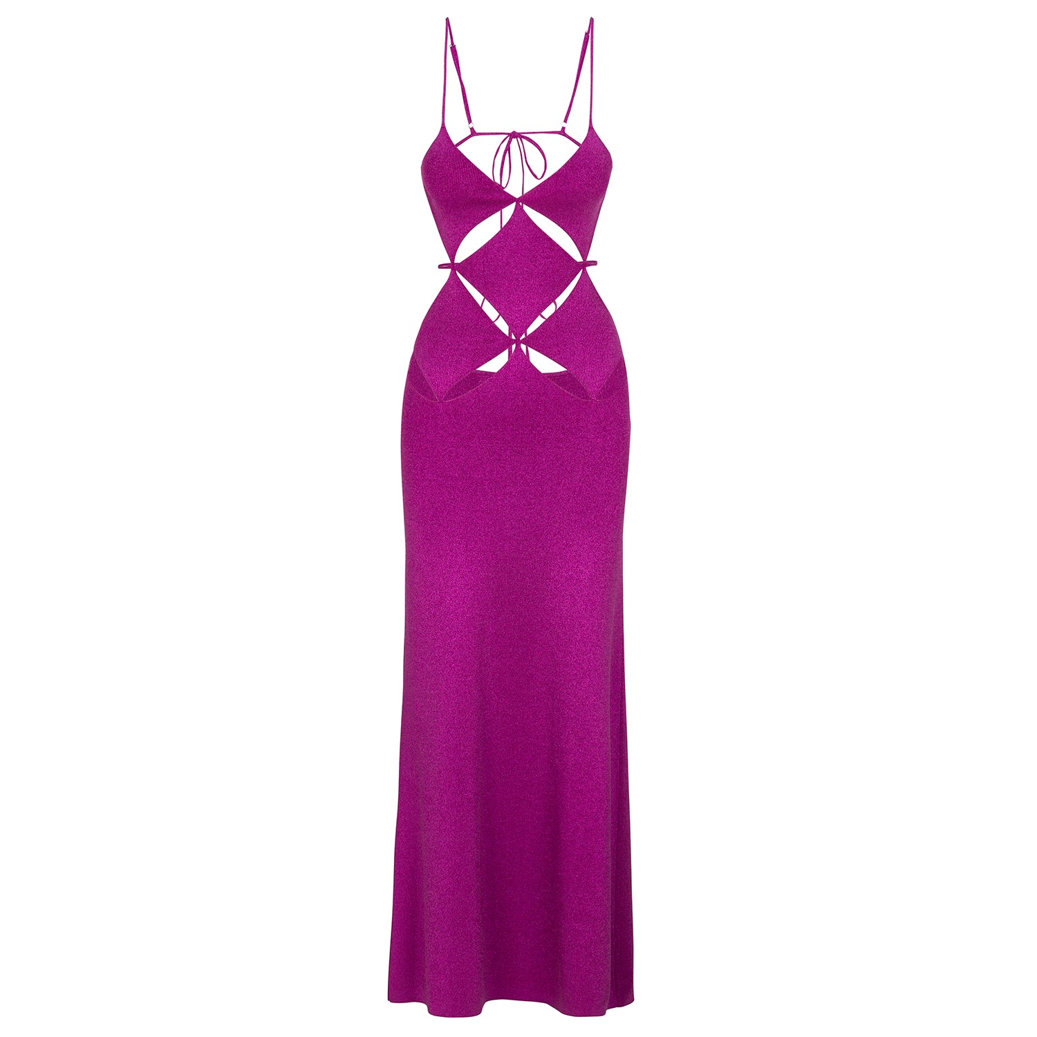 Magenta maxi dress with thin straps and geometric cutout bust