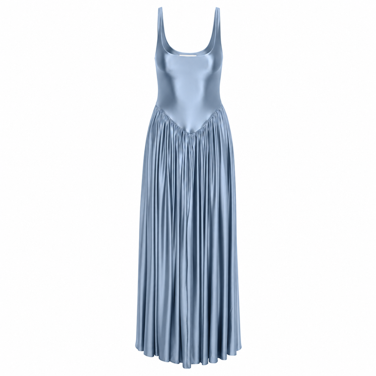 Sapphire blue sleeveless dress with scoop neckline and pleated skirt