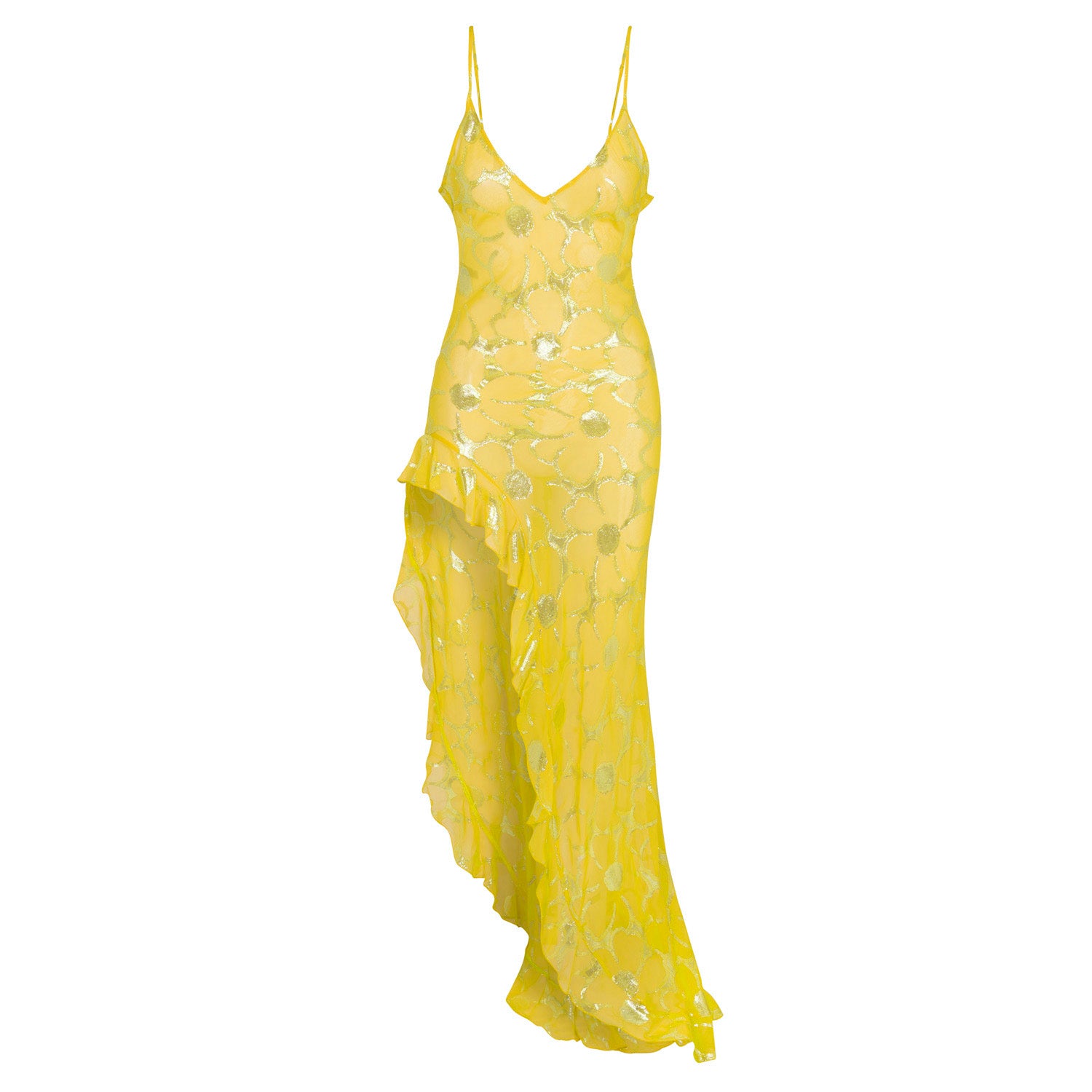 Yellow lace slip dress with spaghetti straps and layered ruffle hem