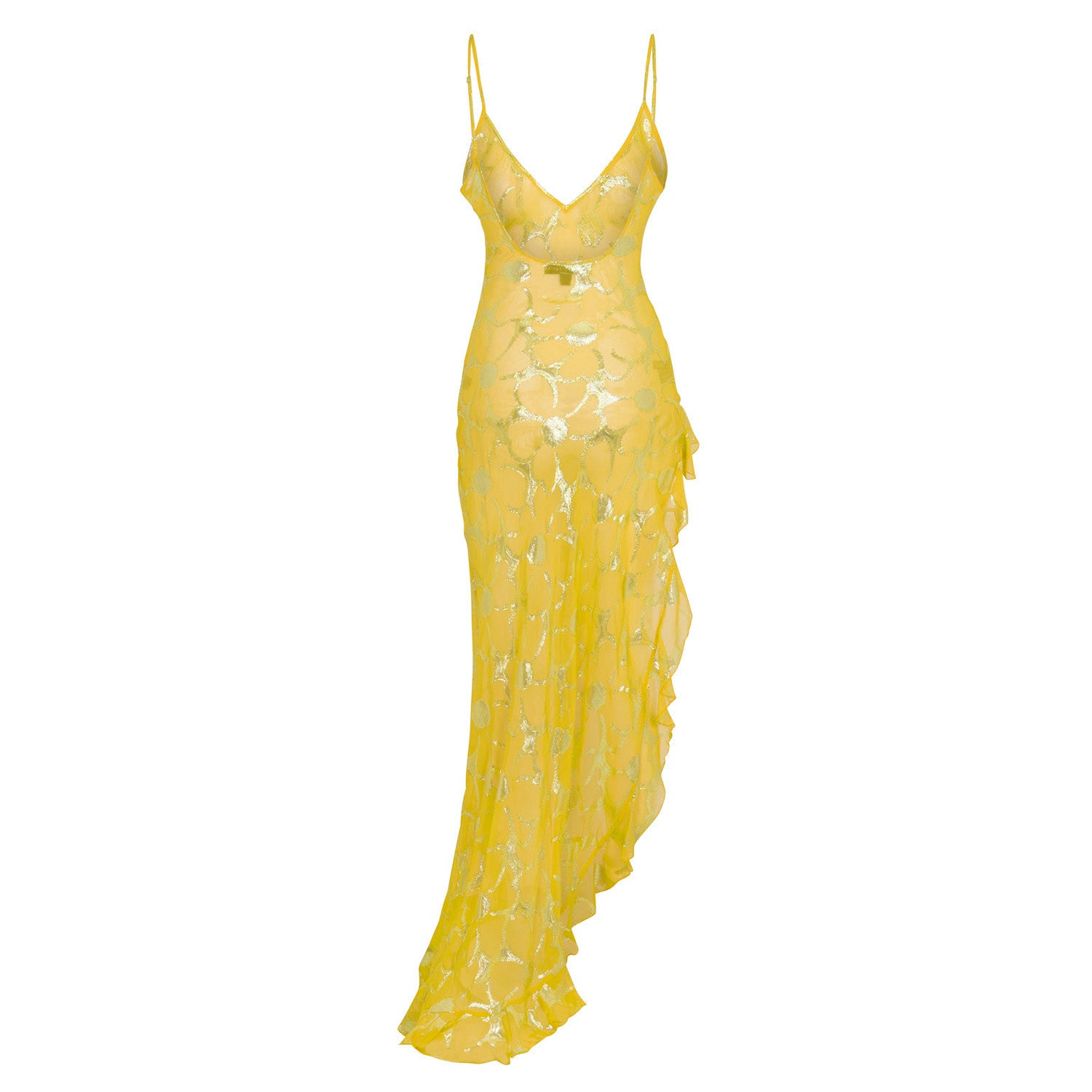 Yellow lace maxi dress with spaghetti straps, fitted bodice, and draped hem