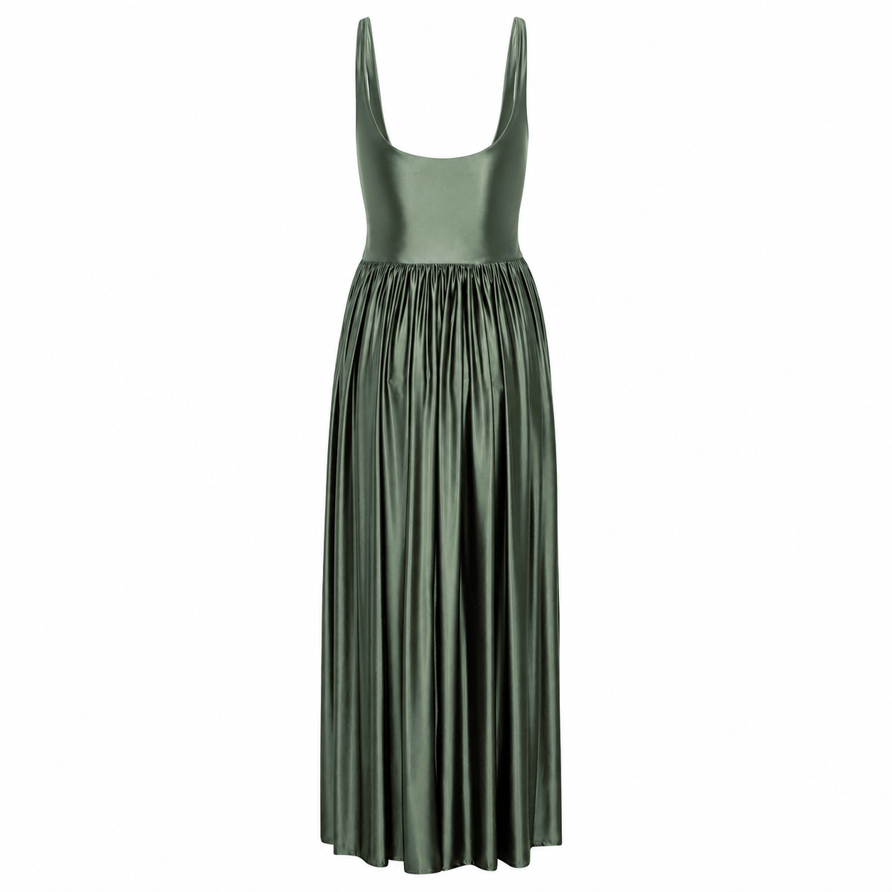 Sleeveless gathered waist dress in dark green with pleated skirt