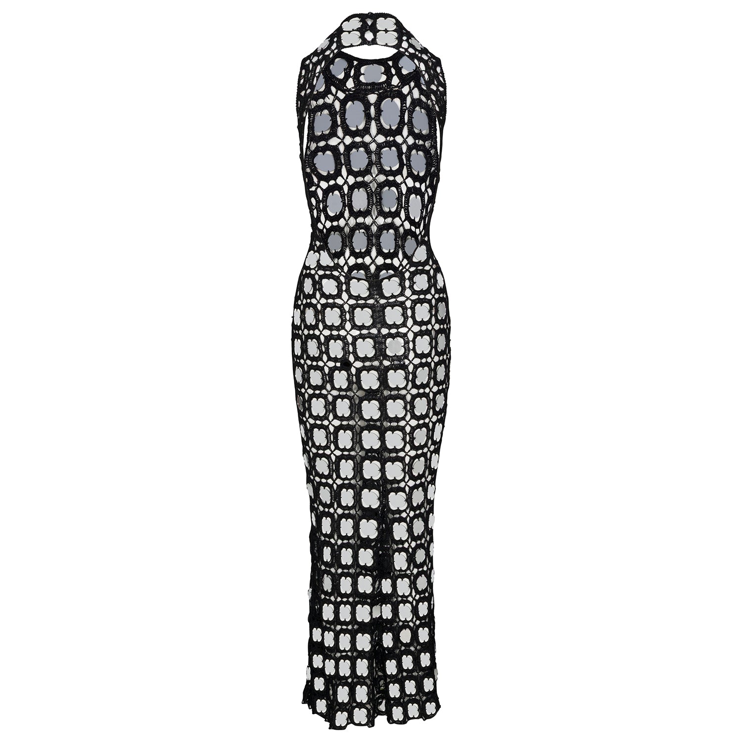 Back view of black and white circular patterned sleeveless maxi dress
