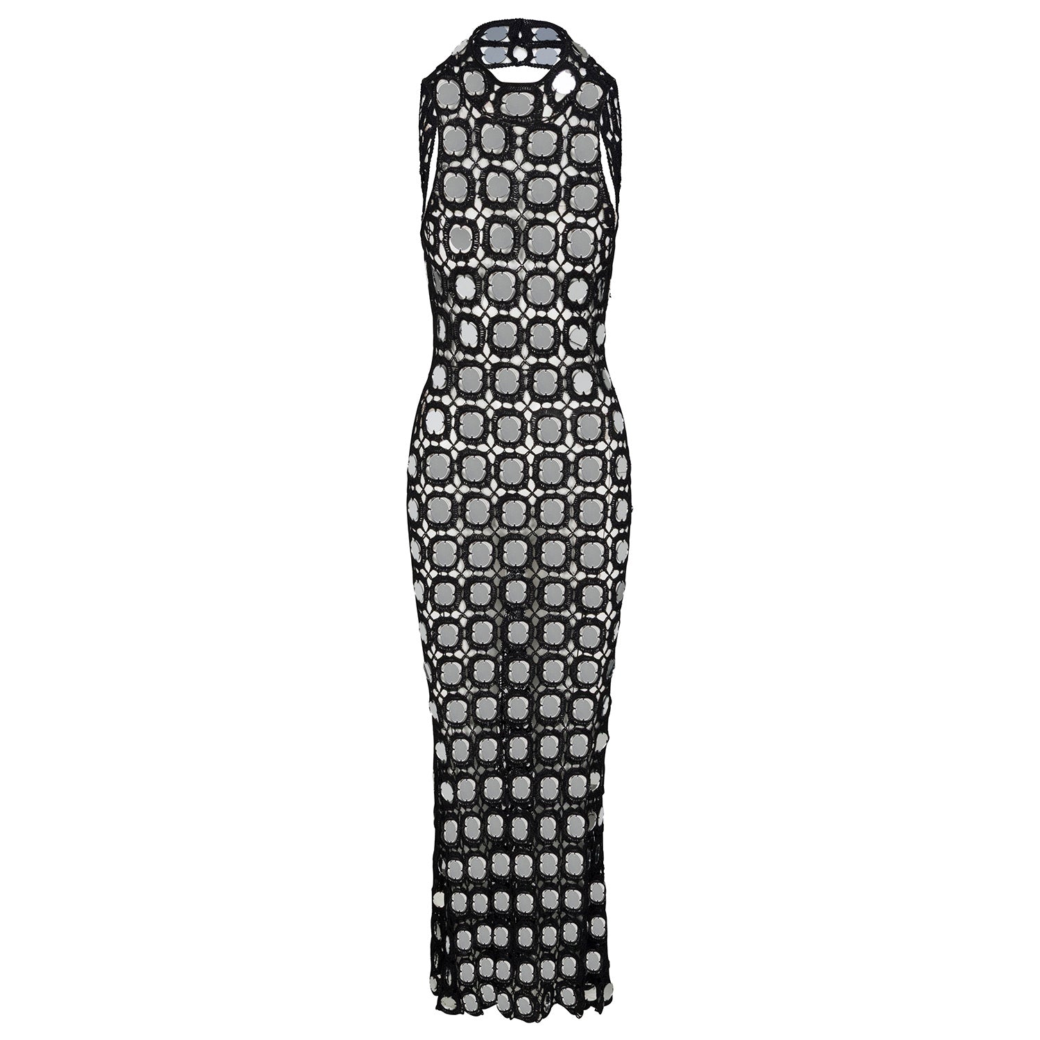Black and white circular pattern sleeveless maxi dress with high neck and racer back