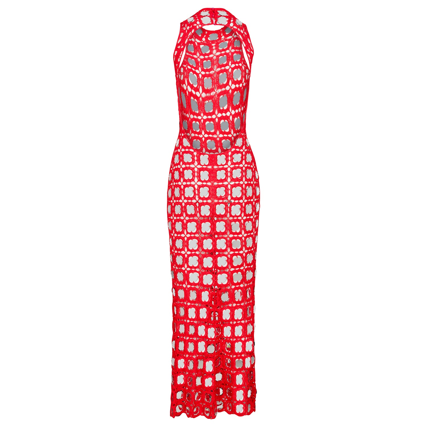 Red flare dress with geometric circle pattern, sleeveless, ankle-length hem
