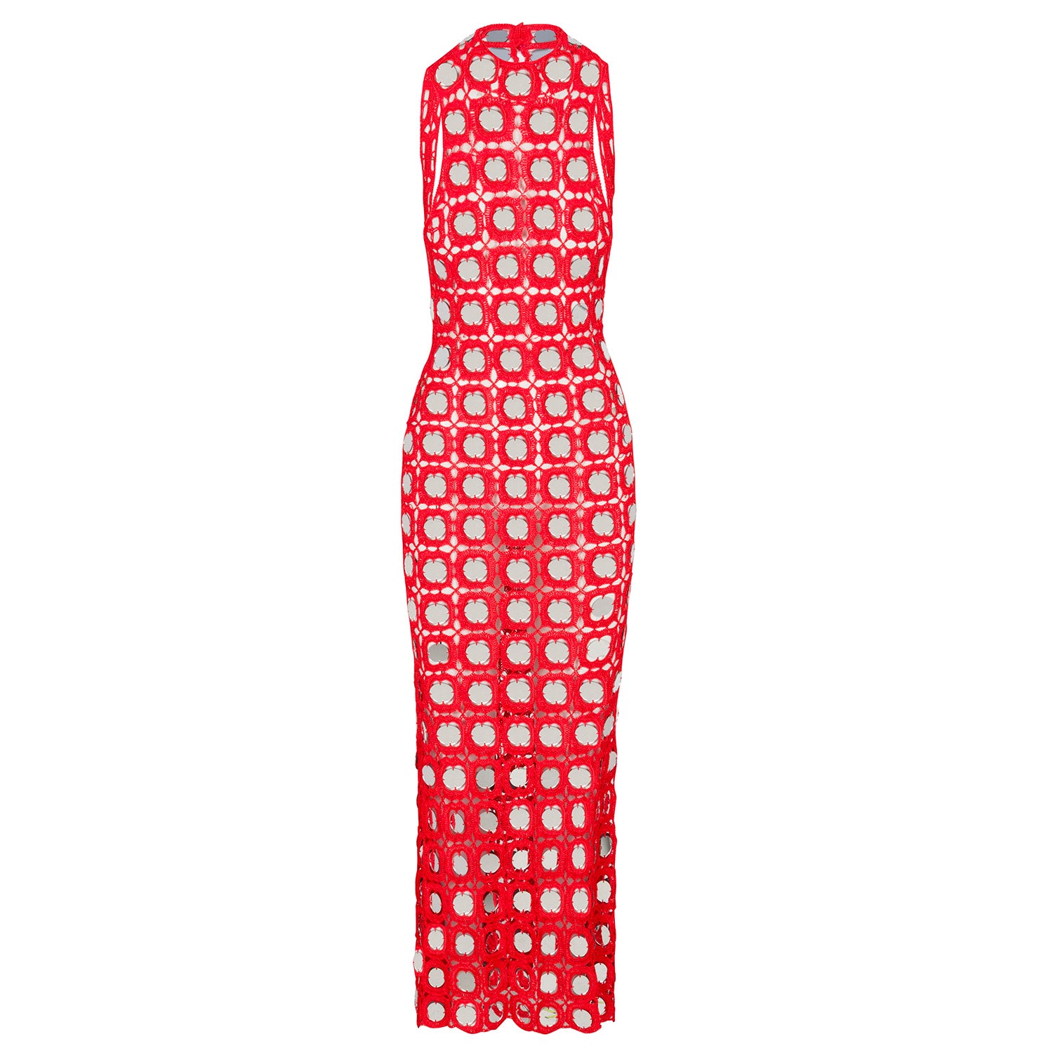 Red flare dress with geometric circle pattern, sleeveless, fitted waist