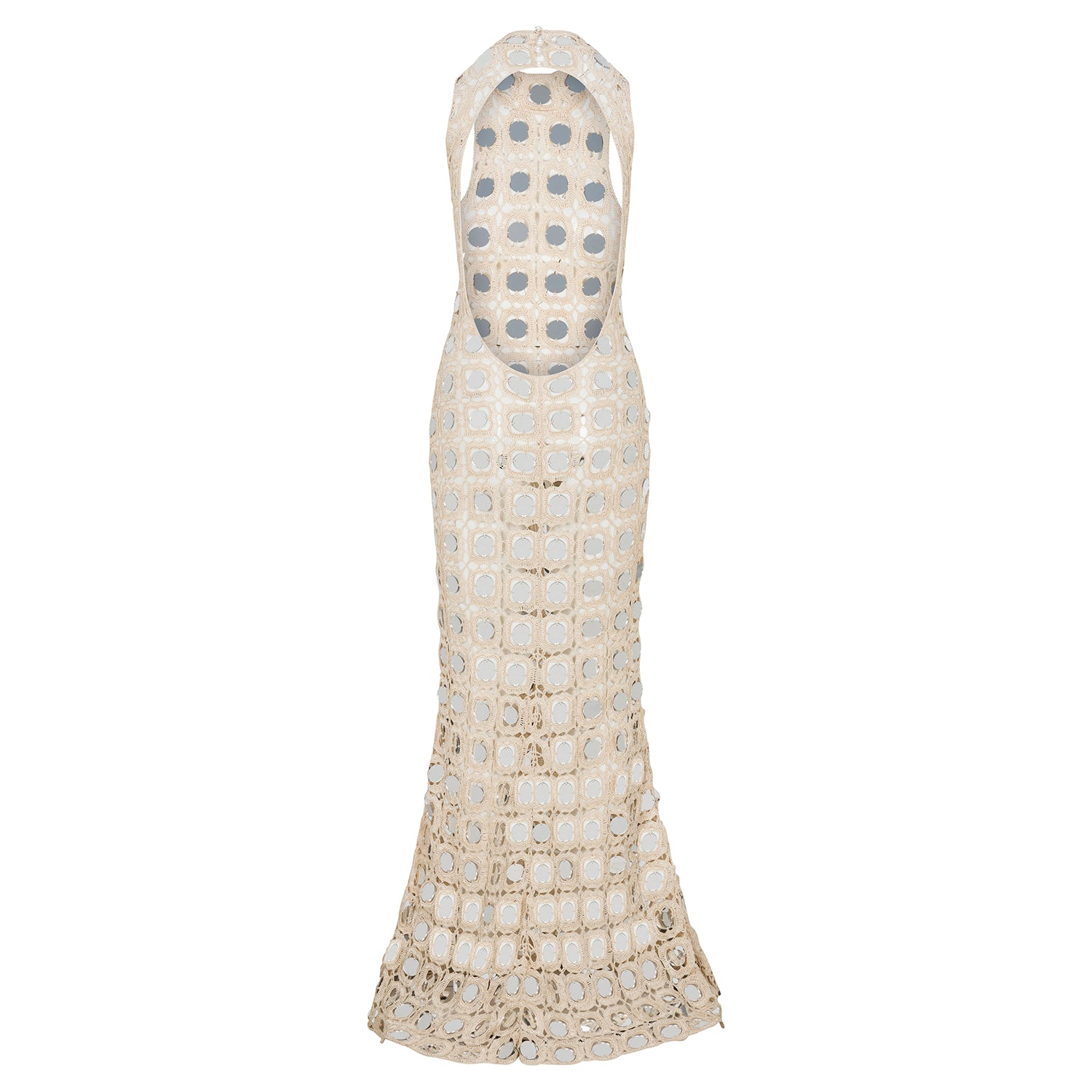 Sand crochet lace maxi dress with open back and sleeveless scoop back