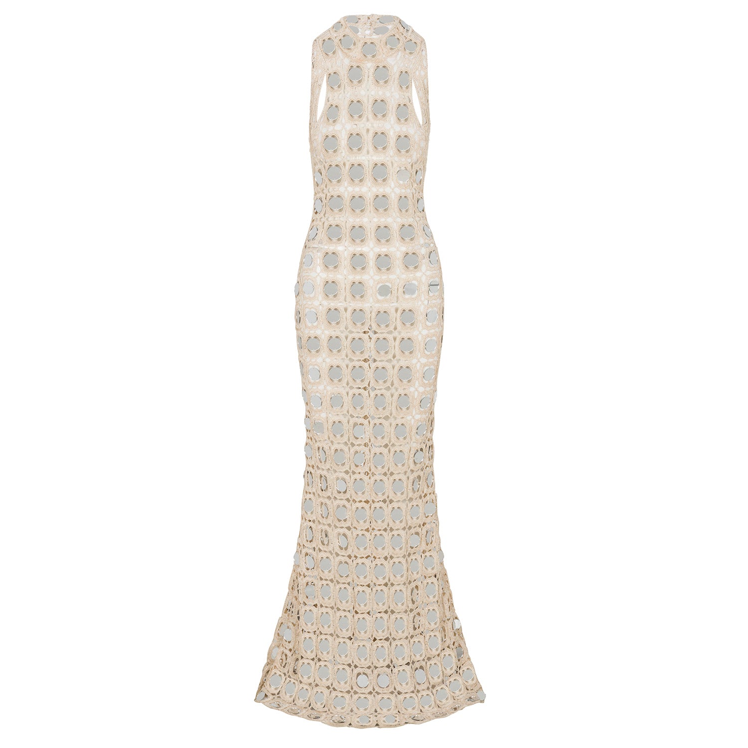 Sand crochet lace maxi dress, sleeveless with high neckline and scalloped hem