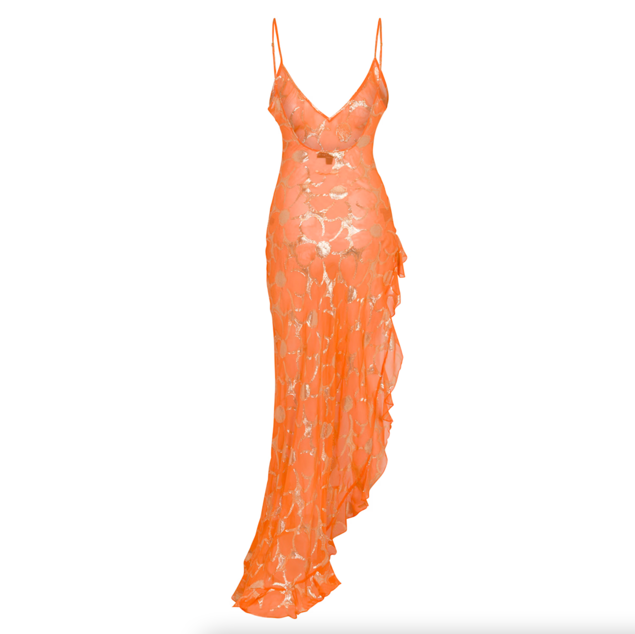 Orange floral maxi slip dress, draped side and spaghetti straps with ruffle skirt