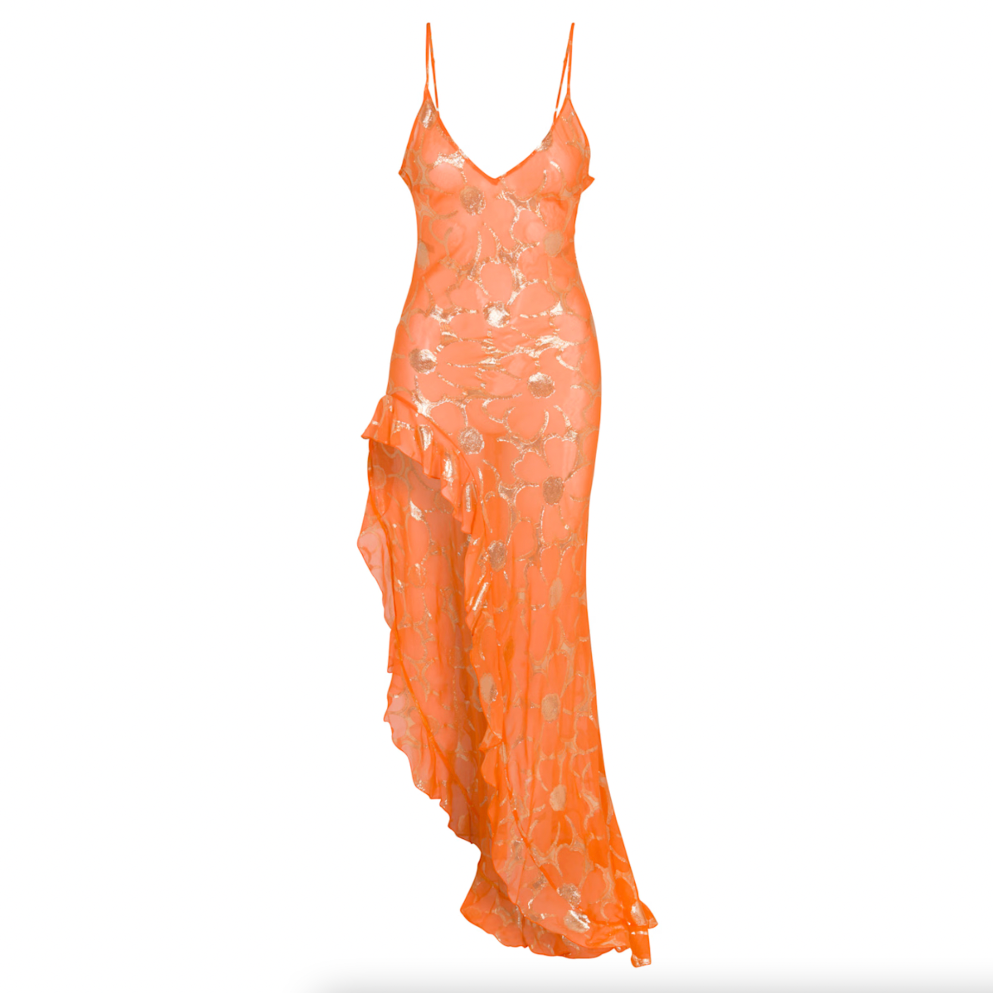 Orange floral maxi slip dress with spaghetti straps and asymmetrical ruffle hem