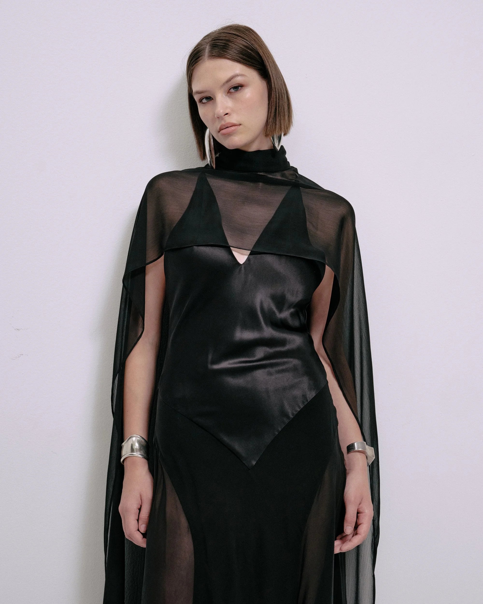 Antonella Dress in Black with Azalea Cape – view 4 | Delfi Collective