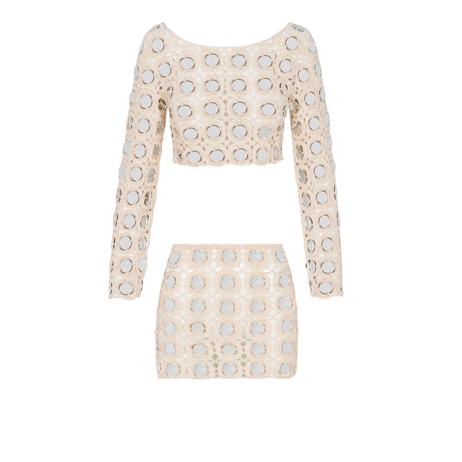 Sand two-piece set: cropped long-sleeve top and mini skirt, circular cutout pattern