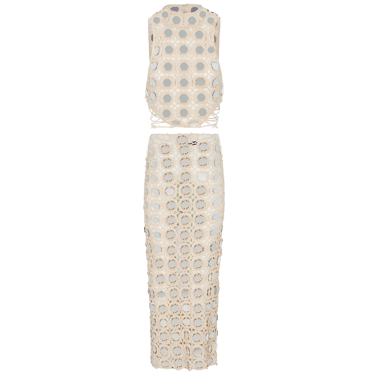 Two-piece lace set with sleeveless top and midi skirt, circular pattern, light cream